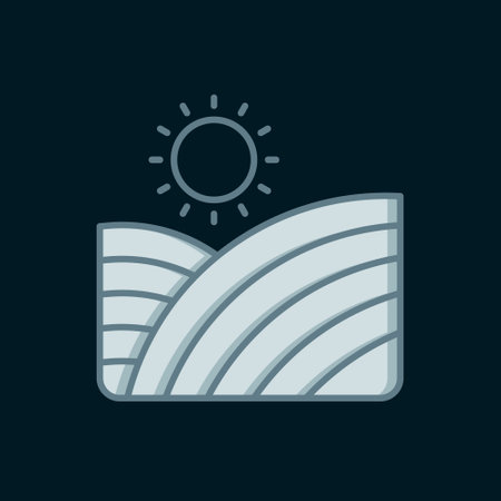 Line Vineyard wine grapes hills farm icon isolated on black background. Vine plantation hills landscape. Flat filled outline style with shadow. Vector.のイラスト素材