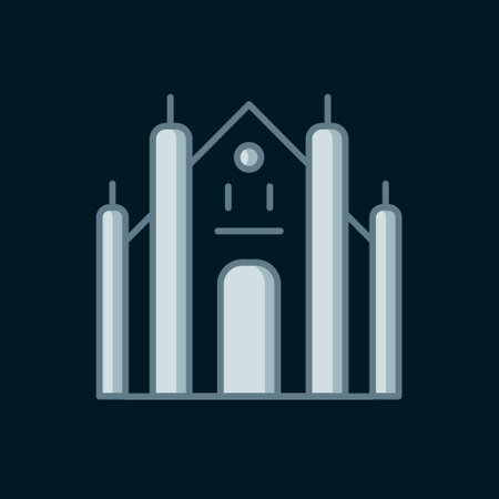 Line Milan Cathedral or Duomo di Milano icon isolated on black background. Famous landmark of Milan, Italy. Flat filled outline style with shadow. Vector.のイラスト素材