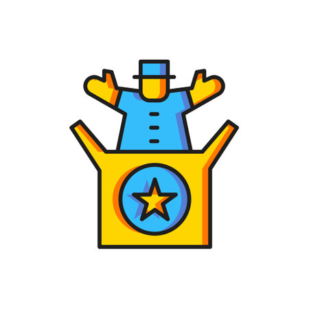 Color Jack in the box toy icon isolated on white background. Jester out of the box. Flat filled outline style with shadow. Vector.のイラスト素材