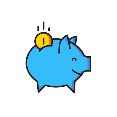 Color Piggy bank with coin icon isolated on white background. Icon saving or accumulation of money, investment. Flat filled outline style with shadow. Vector.のイラスト素材