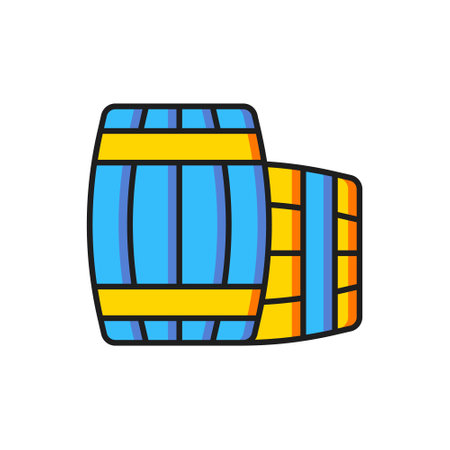 Color Wooden barrel icon isolated on white background. Alcohol barrel, drink container, wooden keg for beer, whiskey, wine. Flat filled outline style with shadow. Vector.のイラスト素材