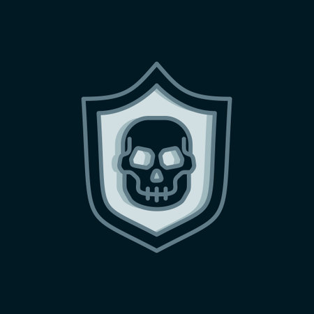 Line Shield with pirate skull icon isolated on black background. Flat filled outline style with shadow. Vector.のイラスト素材