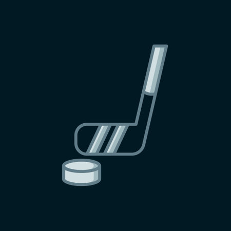 Line Ice hockey stick and puck icon isolated on black background. Flat filled outline style with shadow. Vector.のイラスト素材