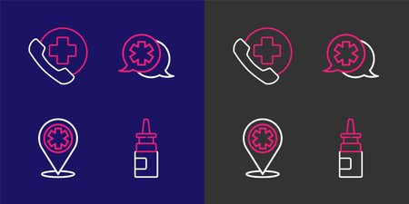 Set line Bottle nasal spray Map pointer with cross hospital Dialogue the doctor and Emergency phone call icon. Vector.のイラスト素材