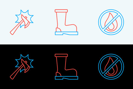 Set line No fire Firefighter ax and boots icon. Vector.のイラスト素材