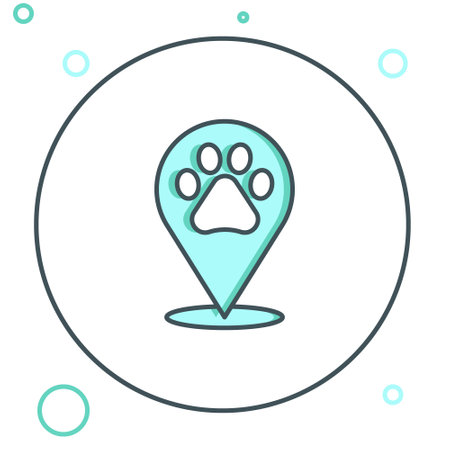 Line Map pointer with veterinary medicine hospital, clinic or pet shop for animals icon isolated on white background. Vet or veterinarian clinic. Colorful outline concept. Vector.のイラスト素材