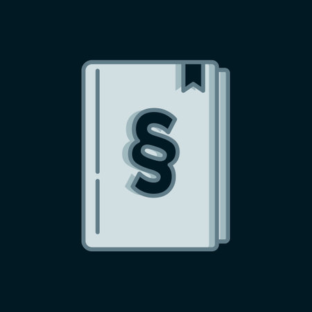 Line Law book icon isolated on black background. Legal judgment book. Judgment concept. Flat filled outline style with shadow. Vector.のイラスト素材
