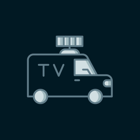 Line TV News car with equipment on the roof icon isolated on black background. Flat filled outline style with shadow. Vector.のイラスト素材