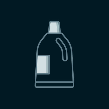 Line Plastic bottle for laundry detergent, bleach, dishwashing liquid or another cleaning agent icon isolated on black background. Flat filled outline style with shadow. Vector.のイラスト素材