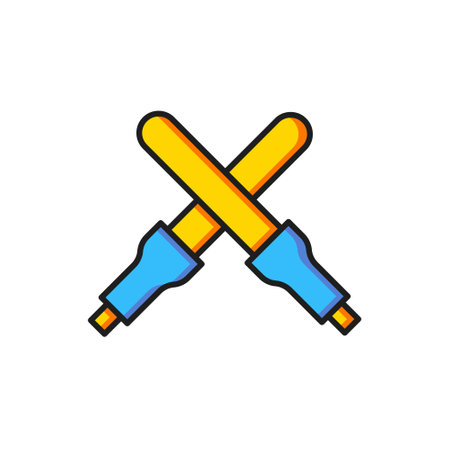 Color Marshalling wands for the aircraft icon isolated on white background. Marshaller communicated with pilot before and after flight. Flat filled outline style with shadow. Vector.のイラスト素材