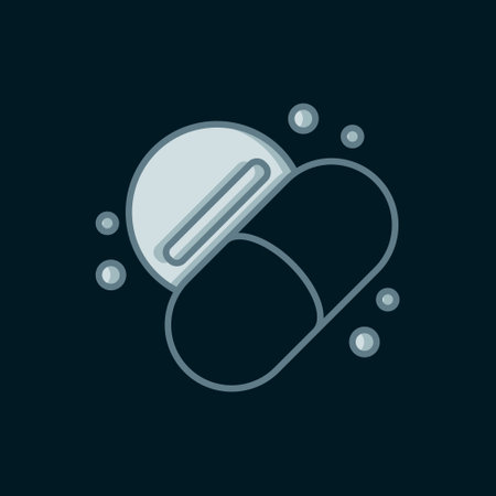 Line Medicine pill or tablet icon isolated on black background. Capsule pill and drug sign. Pharmacy design. Flat filled outline style with shadow. Vector.のイラスト素材
