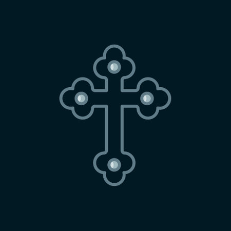 Line Christian cross icon isolated on black background. Church cross. Flat filled outline style with shadow. Vector.のイラスト素材
