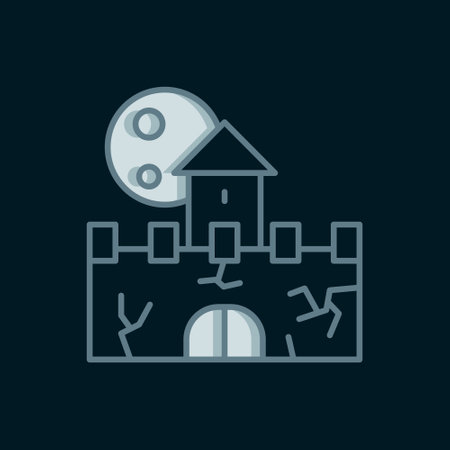 Line Castle icon isolated on black background. Medieval fortress with a tower. Protection from enemies. Reliability and defense of the city. Flat filled outline style with shadow. Vector.のイラスト素材