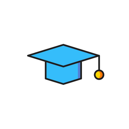 Color Graduation cap icon isolated on white background. Graduation hat with tassel icon. Flat filled outline style with shadow. Vector.のイラスト素材