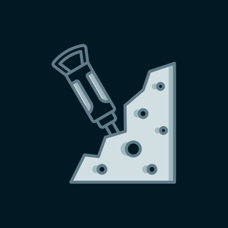 Line Construction jackhammer and stone icon isolated on black background. Flat filled outline style with shadow. Vector.のイラスト素材