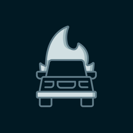 Line Burning car icon isolated on black background. Insurance concept. Car on fire. Broken auto covered with fire and smoke. Flat filled outline style with shadow. Vector.のイラスト素材