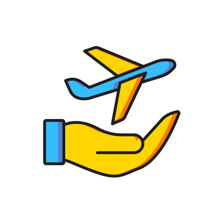 Color Plane in hand icon isolated on white background. Flying airplane. Airliner insurance. Security, safety, protection, protect concept. Flat filled outline style with shadow. Vector.のイラスト素材