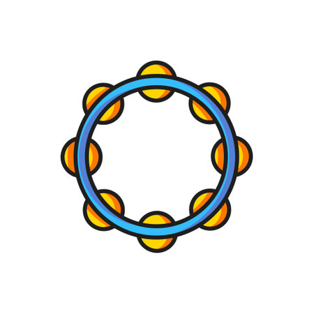 Color Musical instrument percussion tambourine, with metal plates icon isolated on white background. Flat filled outline style with shadow. Vector.のイラスト素材