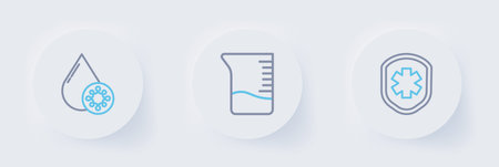 Set line Medical shield with cross Measuring cup and Blood test and virus icon. Vector.のイラスト素材
