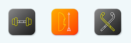 Set line Dumbbell Bow and arrow in quiver and Ice hockey sticks icon. Vector.