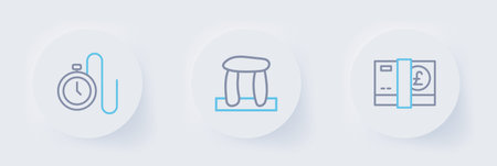 Set line Pound sterling money Stonehenge and Watch with a chain icon. Vector.