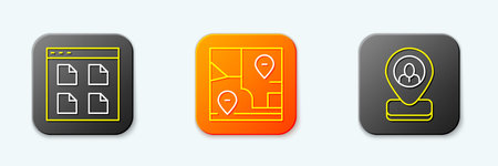 Set line Browser files Folded map with location and Worker icon. Vector.