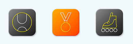 Set line Tennis ball Medal and Roller skate icon. Vector.