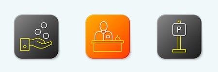 Set line Paying tips Hotel reception desk and Parking icon. Vector.