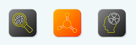 Set line Microorganisms under magnifier Molecule and Head and radiation symbol icon. Vector.