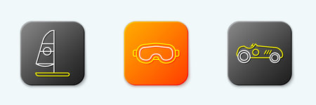 Set line Windsurfing Ski goggles and Vintage sport racing car icon. Vector.