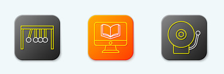 Set line Pendulum Online class and Ringing alarm bell icon. Vector.