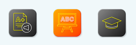 Set line Exam sheet with A plus grade Chalkboard and Graduation cap icon. Vector.