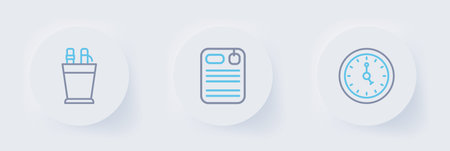 Set line Clock Dossier folder and Pencil case stationery icon. Vector.