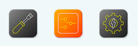 Set line Screwdriver, Switch in electronic circuit and Gear and lightning icon. Vector.