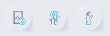 Set line Hand holding auction, paddle and Auction painting icon. Vector.