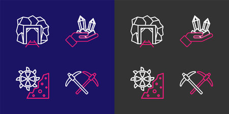 Set line Pickaxe Bucket wheel excavator Gem stone and Mine entrance icon. Vector.のイラスト素材