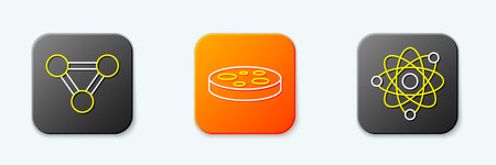 Set line Molecule, Petri dish with bacteria and Atom icon. Vector.