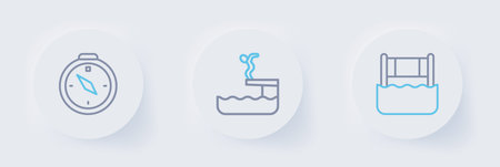 Set line Water volleyball net Swimmer diving into pool and Compass icon. Vector.のイラスト素材
