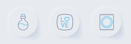 Set line Condom in package, Love text and Bottle with love potion icon. Vector.のイラスト素材