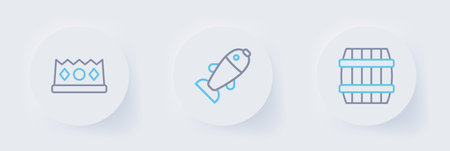 Set line Wooden barrel, Fish and King crown icon. Vector.のイラスト素材