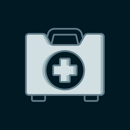 Line First aid kit icon isolated on black background. Medical box with cross. Medical equipment for emergency. Healthcare concept. Flat filled outline style with shadow. Vector.のイラスト素材