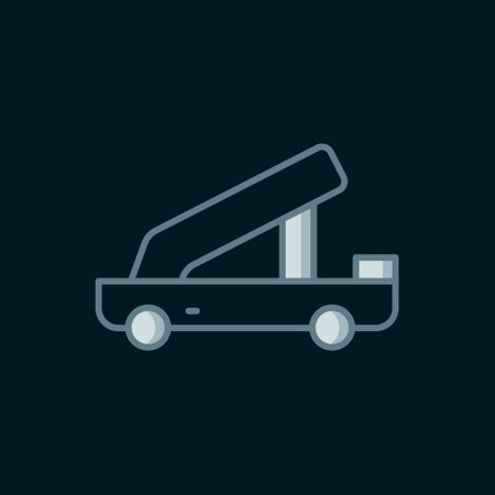 Line Passenger ladder for plane boarding icon isolated on black background. Airport stair travel. Flat filled outline style with shadow. Vector.のイラスト素材