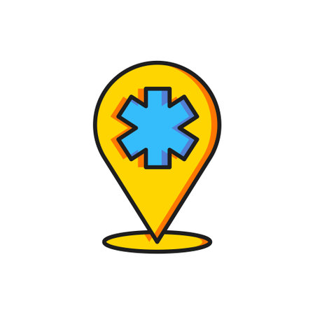Color Medical map pointer with cross hospital icon isolated on white background. Flat filled outline style with shadow. Vector.のイラスト素材