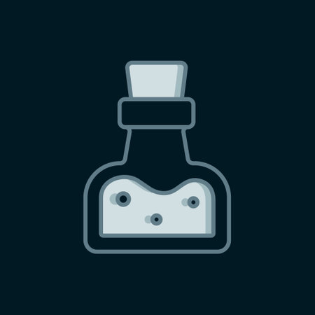 Line Bottle with potion icon isolated on black background. Flask with magic potion. Happy Halloween party. Flat filled outline style with shadow. Vector.のイラスト素材