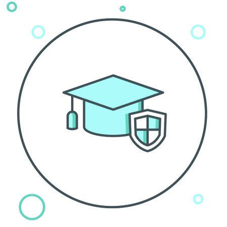 Line Graduation cap with shield icon isolated on white background. Insurance concept. Security, safety, protection, protect concept. Colorful outline concept. Vector.のイラスト素材