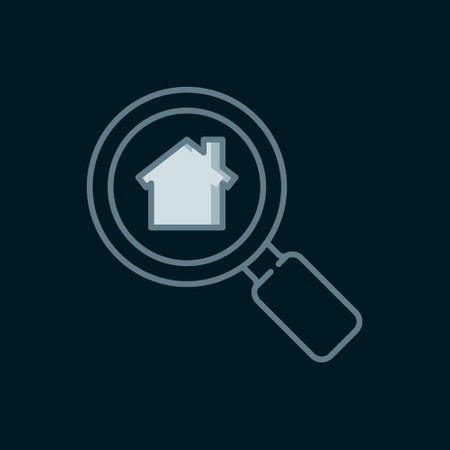 Line Search house icon isolated on black background. Real estate symbol of a house under magnifying glass. Flat filled outline style with shadow. Vector.のイラスト素材
