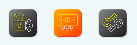 Set line Lock with bitcoin Bitcoin circuit and Cryptocurrency key icon. Vector.のイラスト素材