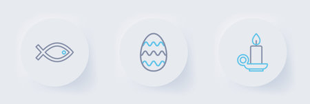 Set line Burning candle in candlestick, Easter egg and Christian fish symbol icon. Vector.のイラスト素材
