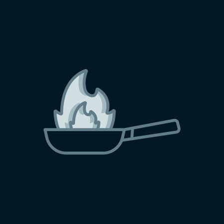 Line Pan with fire icon isolated on black background. Flat filled outline style with shadow. Vector.のイラスト素材