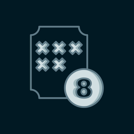 Line Bingo or lottery ball on bingo card with lucky numbers icon isolated on black background. Flat filled outline style with shadow. Vector.のイラスト素材